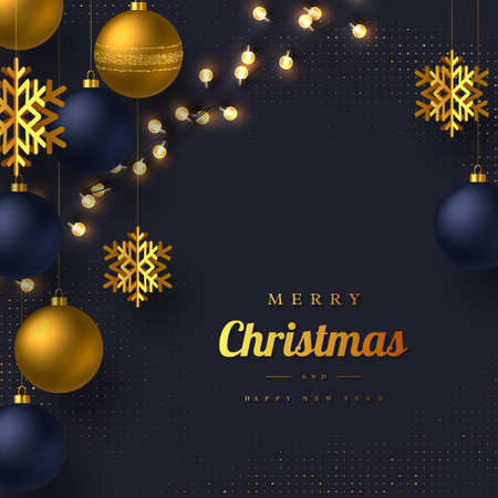 Christmas greeting card with hanging baubles, golden snowflakes and lights bulb garland. Luxury New Year holiday design. Dark background. Vector illustration.のイラスト素材