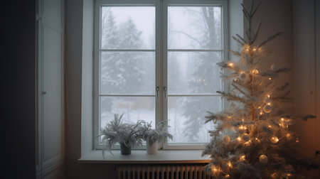 Christmas window decorated with garlands and lanterns. Winter view outside with snow-covered fir trees.の素材