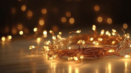 Christmas garland with gold star and warm lights on the table with reflection. New Year holidays soft focus background.の素材