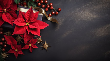 Christmas Poinsettia flower, berries, gift box closeup on a black background with copy space, top view, Merry Christmas and Happy New Year concept.の素材
