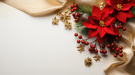 Christmas Poinsettia flower, berries, gift box closeup on a white background with copy space, Merry Christmas and Happy New Year concept.の素材