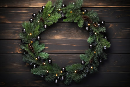 Christmas tree branches wreath decorated shiny bulbs and baubles. Top view, copy space, wood background.の素材