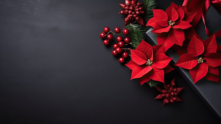 Christmas Poinsettia flower, berries, gift box closeup on a black background with copy space, top view, Merry Christmas and Happy New Year concept.の素材