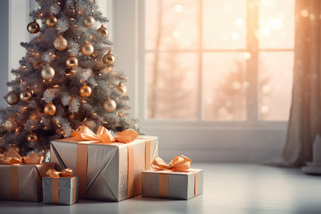 Christmas tree with gifts. Soft focus background with bokeh glowing lights. Merry Christmas and New Year concept. Modern interior design in pastel blue colors.の素材