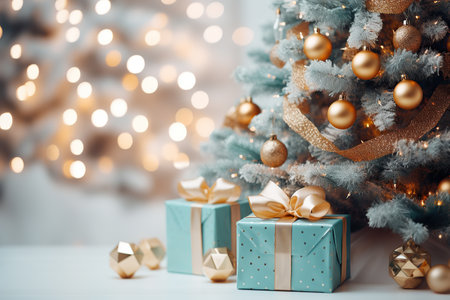 Christmas tree with gifts. Soft focus background with bokeh glowing lights. Merry Christmas and New Year concept. Modern interior design in pastel blue colors.の素材