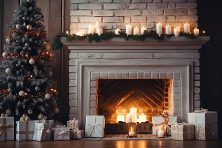Christmas living room interior with decorated fir tree, gifts and fireplace with burning fire. Modern style. Merry Christmas and New Year concept.の素材