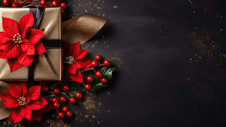 Christmas Poinsettia flower, berries, gift box closeup on a black background with copy space, top view, Merry Christmas and Happy New Year concept.の素材