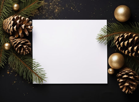 Layout of Christmas tree branches, neon bulbs, gold Christmas decoration with white paper card note. Top view, flat lay, copy space. New Year concept.の素材