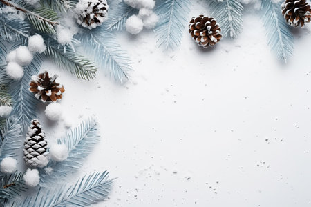 Blue Christmas tree branches with decorated baubles and gift. Flat lay, copy space, top view, blue background. Christmas and New Year concept.の素材