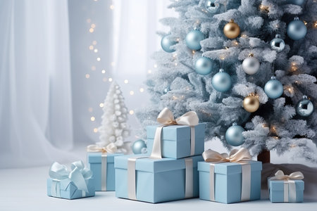 Christmas tree with gifts. Soft focus background with bokeh glowing lights. Merry Christmas and New Year concept. Modern interior design in pastel blue colors.の素材