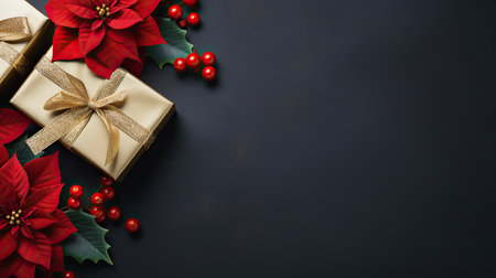 Christmas Poinsettia flower, berries, gift box closeup on a black background with copy space, top view, Merry Christmas and Happy New Year concept.の素材