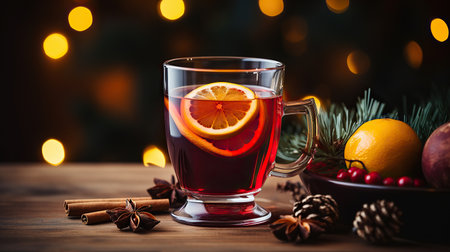 Christmas mulled red wine with spices and fruits on a wooden rustic table. Winter traditional hot drink. Blured background.の素材