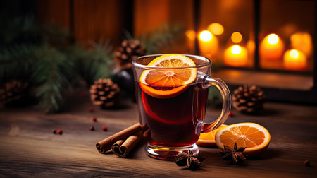 Christmas mulled red wine with spices and fruits on a wooden rustic table. Winter traditional hot drink. Blured background.の素材
