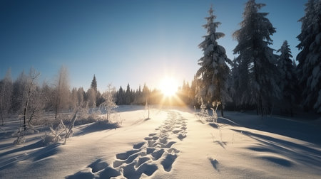 Winter beautiful mountain landscape with trees covered hoarfrost and bright sunlight.の素材