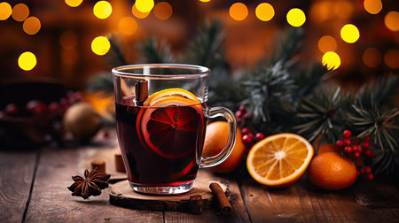 Christmas mulled red wine with spices and fruits on a wooden rustic table. Winter traditional hot drink. Blured background.の素材