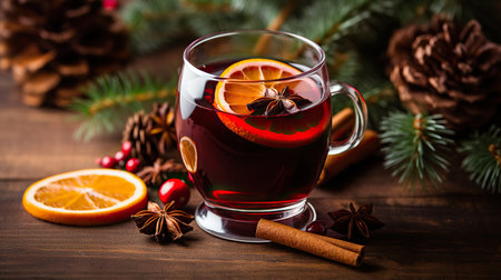 Christmas mulled red wine with spices and fruits on a wooden rustic table. Winter traditional hot drink. Blured background.の素材