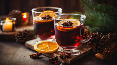 Christmas mulled red wine with spices and fruits on a wooden rustic table. Winter traditional hot drink. Blured background.の素材