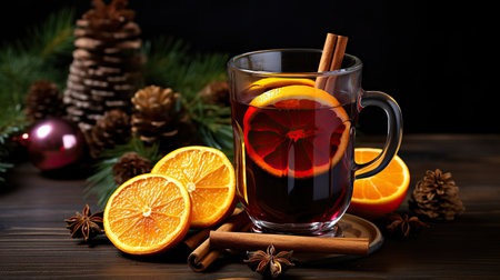 Christmas mulled red wine with spices and fruits on a wooden rustic table. Winter traditional hot drink. Blured background.の素材