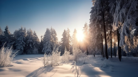 Winter beautiful mountain landscape with trees covered hoarfrost and bright sunlight.の素材