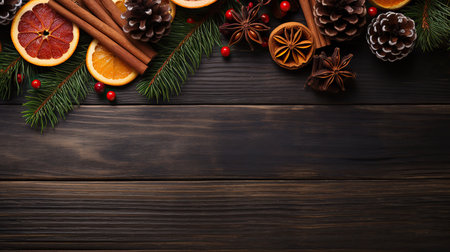Christmas mulled red wine with spices and fruits on a wooden rustic table. Winter traditional hot drink. Top view, copy space.の素材