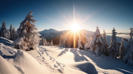 Winter beautiful mountain landscape with trees covered hoarfrost and bright sunlight.の素材