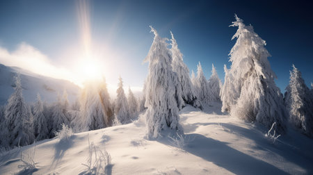 Winter beautiful mountain landscape with trees covered hoarfrost and bright sunlight.の素材