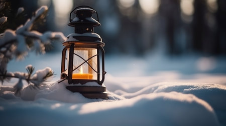 Christmas lantern on snow with holy berries.の素材