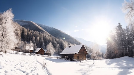 Winter beautiful mountain landscape with trees covered hoarfrost, wooden house and bright sunlight.の素材