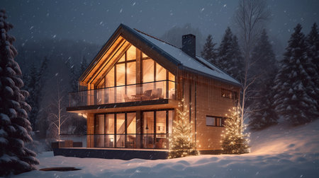 Modern wooden house in the mountain decorated with Christmas illumination. Christmas and New Year holiday concept.の素材