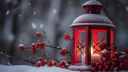 Christmas lantern on snow with holy berries.の素材
