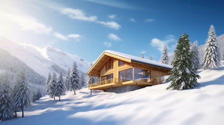 Modern wooden house in winter mountain. Beautiful sunny day. Winter concept.の素材
