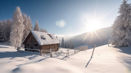 Winter beautiful mountain landscape with trees covered hoarfrost, wooden house and bright sunlight.の素材