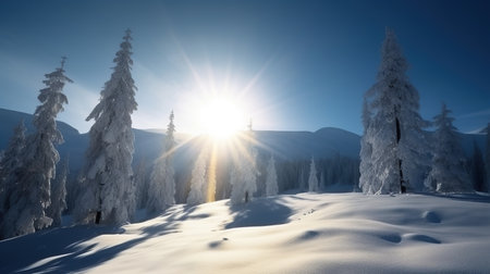 Winter beautiful mountain landscape with trees covered hoarfrost, wooden house and bright sunlight.の素材