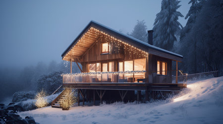 Modern wooden house in the mountain decorated with Christmas illumination. Christmas and New Year holiday concept.の素材