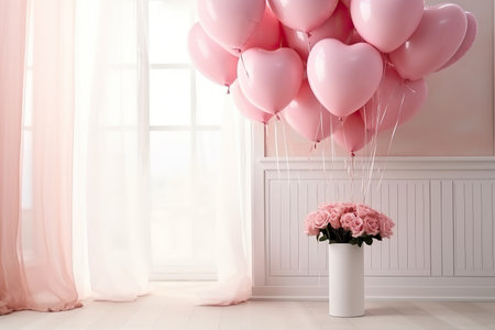 Romantic interior of living room decorated in heart glossy balloons and flowers. Pink colors. Love concept for Valentine's day, wedding, honeymoon.の素材