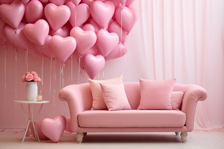 Romantic interior of living room decorated in heart glossy balloons and flowers. Pink colors. Love concept for Valentine's day, wedding, honeymoon.の素材