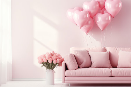 Romantic interior of living room decorated in heart glossy balloons and flowers. Pink colors. Love concept for Valentine's day, wedding, honeymoon.の素材