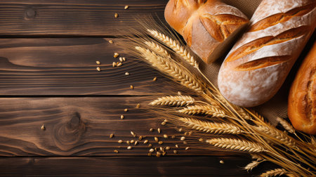 Fresh bread background with ears of wheat on the wooden rustic table. Food concept. Top view, copy space.の素材