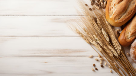 Fresh bread background with ears of wheat on the white wooden rustic table. Food concept. Top view, copy space.の素材
