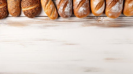 Fresh bread background with ears of wheat on the white wooden rustic table. Food concept. Top view, copy space.の素材
