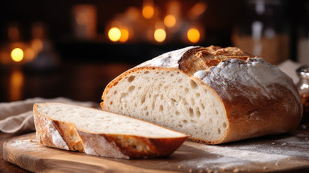 Sliced fresh bread on the wooden rustic table. Soft focus background. Food concept.の素材