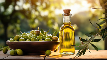 Bottle of olive oil with olives on the wood table. Golden sun soft focus background.の素材
