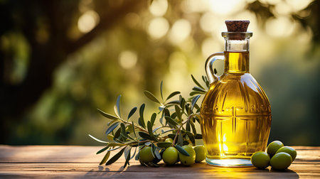 Bottle of olive oil with olives on the wood table. Golden sun soft focus background.の素材