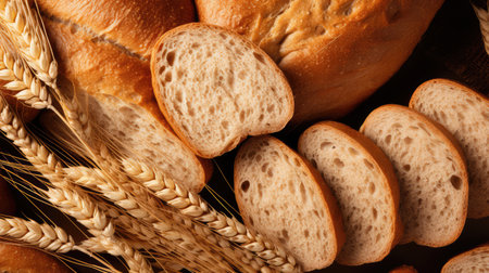 Fresh bread background with ears of wheat. Food concept. Top view.の素材
