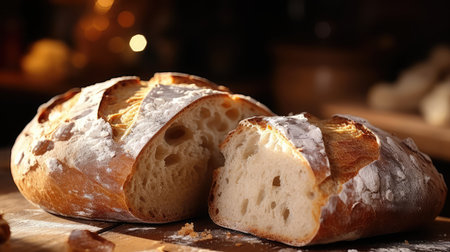 Sliced fresh bread on the wooden rustic table. Soft focus background. Food concept.の素材