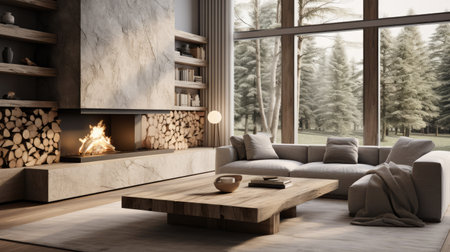 Modern living room interior with fireplace, sofa and coffee table. Minimalist natural style. Concrete, glass and wooden walls.の素材