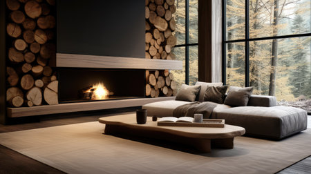 Modern living room interior with fireplace, sofa and coffee table. Minimalist natural style. Concrete, glass and wooden walls.の素材