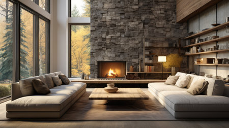 Modern living room interior with fireplace, sofa and coffee table. Minimalist natural style. Concrete, glass and wooden walls.の素材