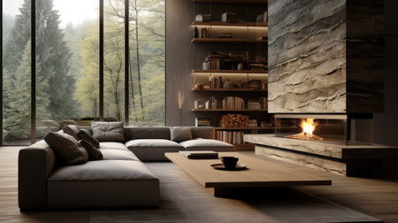 Modern living room interior with fireplace, sofa and coffee table. Minimalist natural style. Concrete, glass and wooden walls.の素材