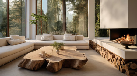 Modern living room interior with fireplace, sofa and coffee table. Minimalist natural style. Concrete, glass and wooden walls.の素材